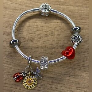 Silver Bracelet with Red Heart and Sunflower Charms. Silver 925 (No Pandora)